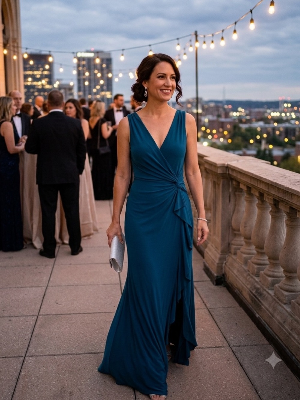 Lauren Ralph Lauren Teal Side Ruched Twisted Waist V-Neck Ruffle Slit Maxi Dress